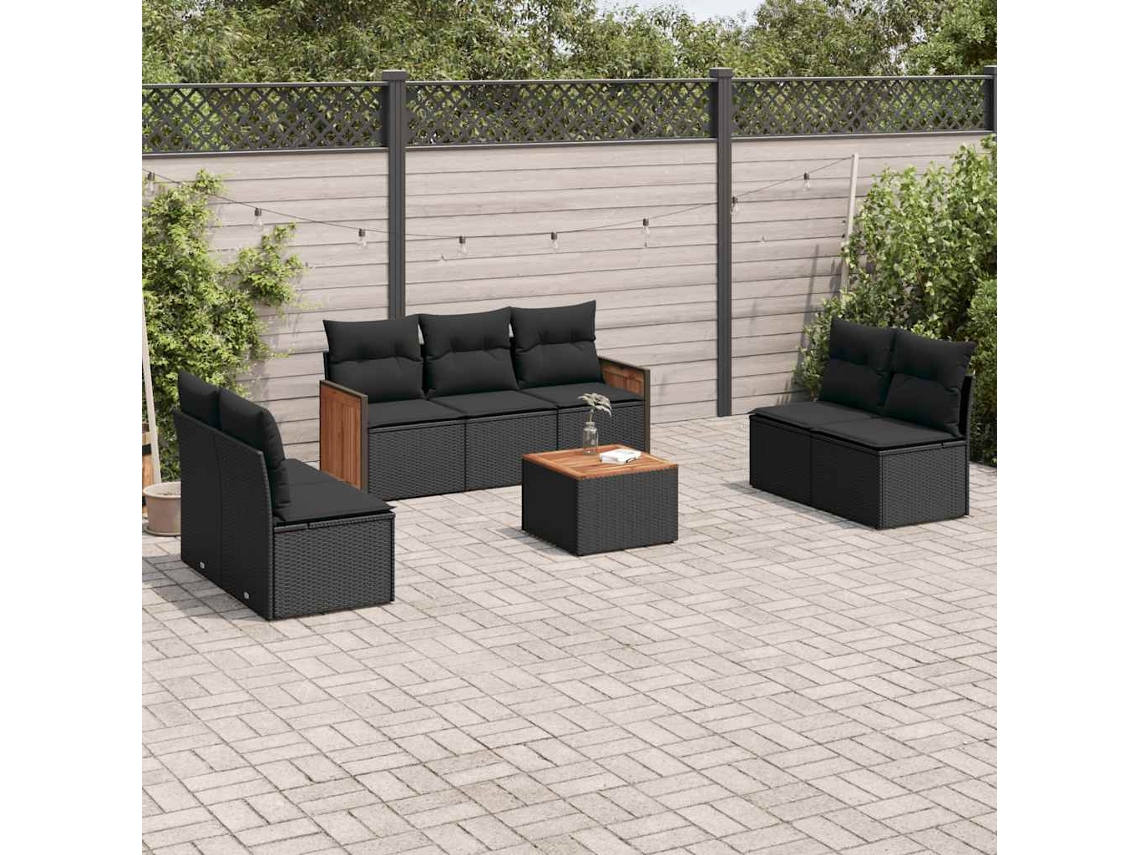 Vidaxl 8 Pcs Conjunto Sofás De Jardim Com Almofadões Vime Pe Preto