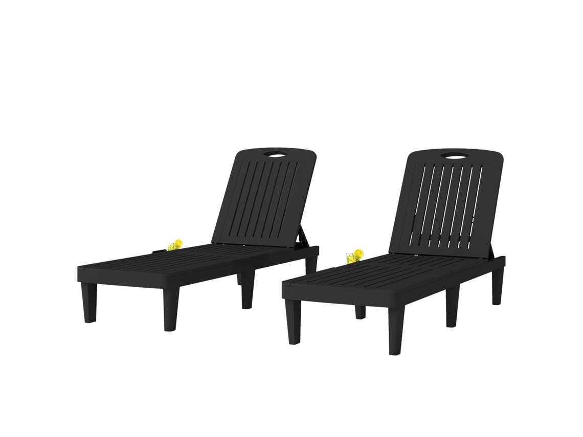 Conjunto de 2 Espreguiçadeiras Plásticas Reclináveis Pp com Bandeja Lateral Ajustável Encosto 5 Níveis 192x57x28,5 Cm Preto