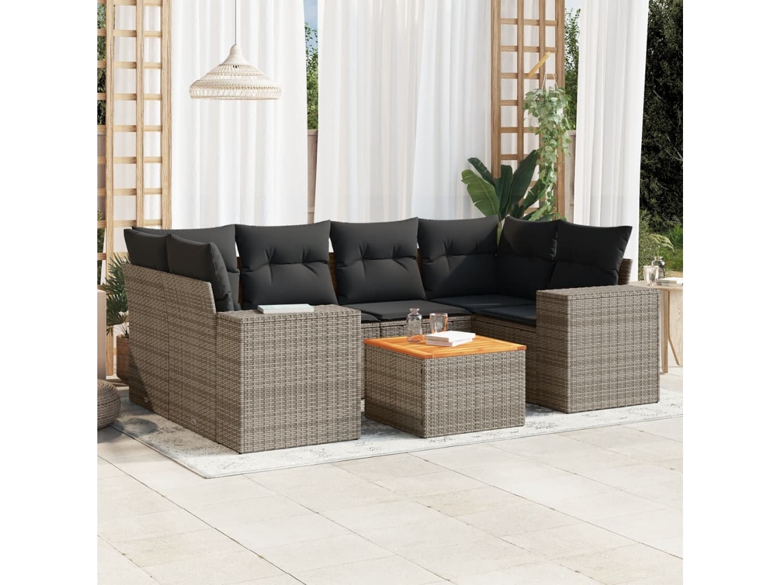 Jogo 7 Peças Sofás P/ Jardim C/ Almofadões Vime Pe Cinza Dkd Home Decor
