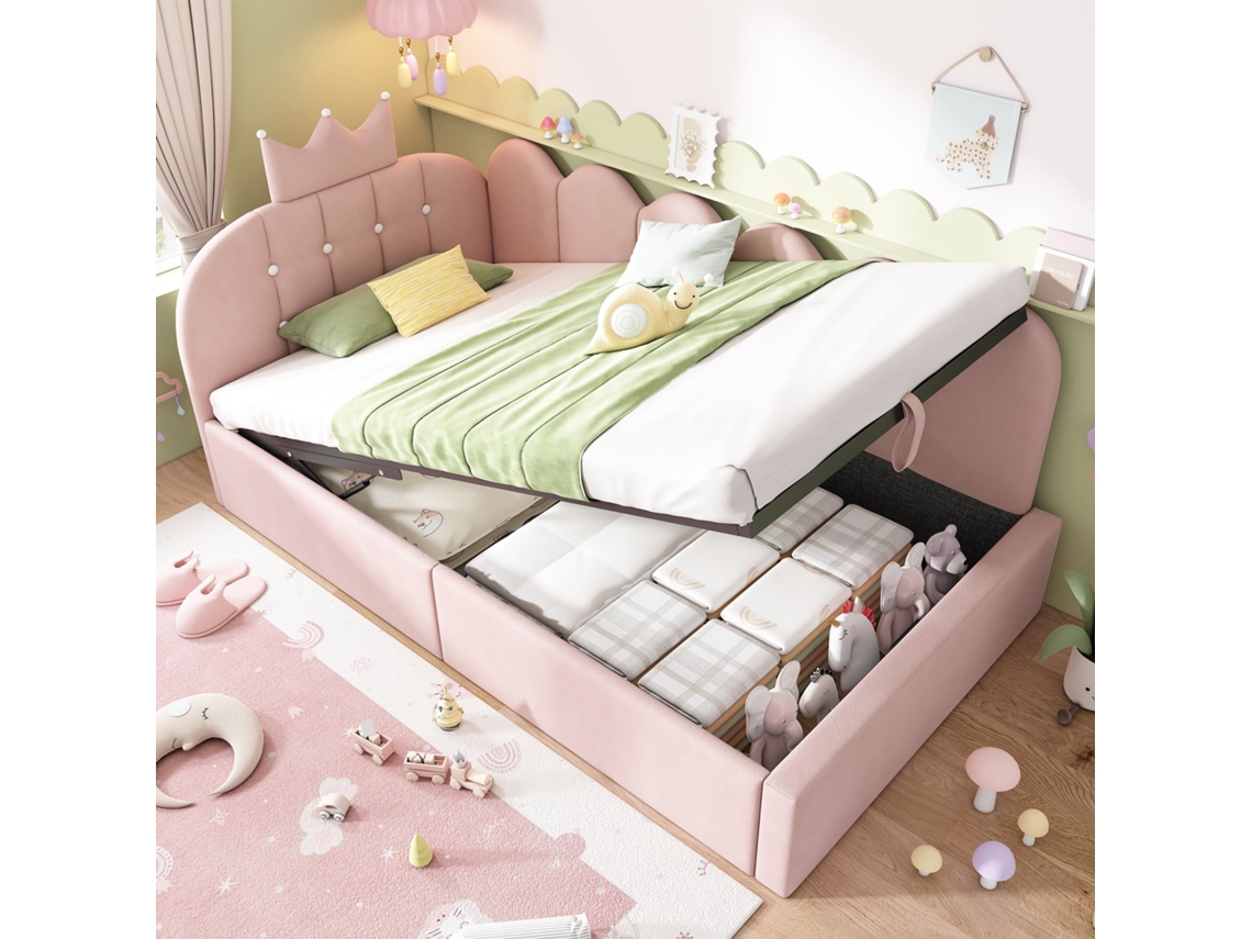 Sofá cama L Veludo Rosa Hidráulico Dimensão 90x190
