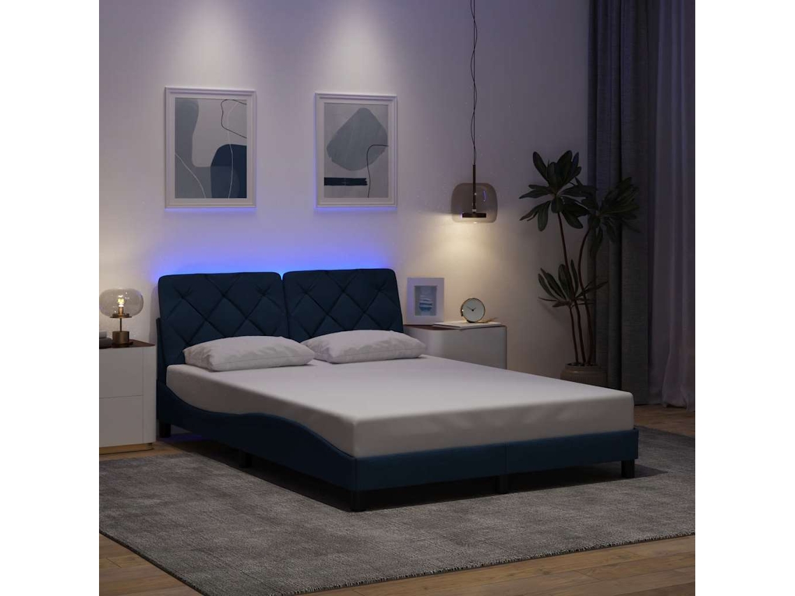 Vidaxl Estrutura De Cama Com Led Sem Colchão 140x190 Cm Tecido Azul