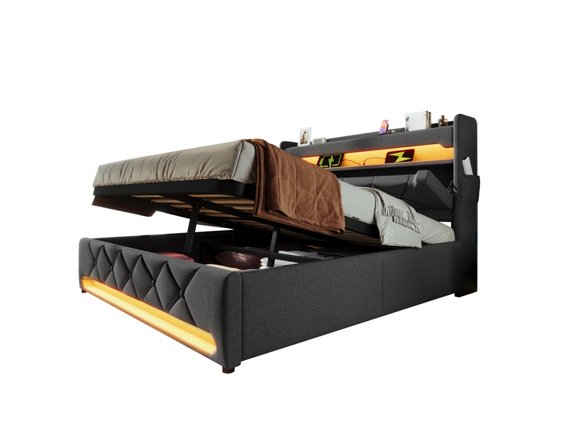Cama de Casal Estofada 160x200 Cm com Cabeceira Iluminada Led, usb, arrumação Hidráulica e Roupa de Cama Incluída PAPRIKA