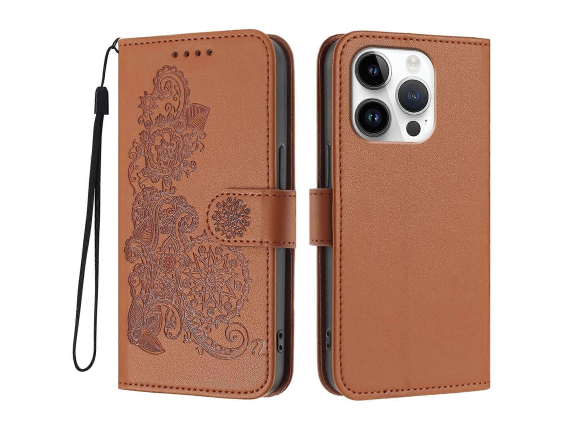 Capa De Celular Com Estampa De Mandala E Flor De Couro Para Iphone 16 Pro Com Alça