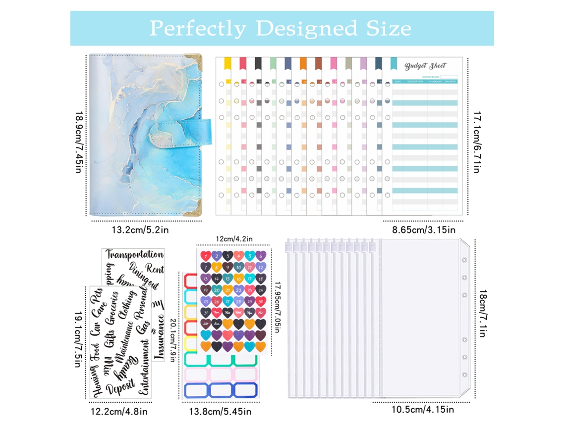 Pasta de Folhas Soltas em Couro Pu Tamanho A6 com 12 Envelopes com Zíper para Controle de Orçamento e Poupança BRILVIBERA (azul Escuro)