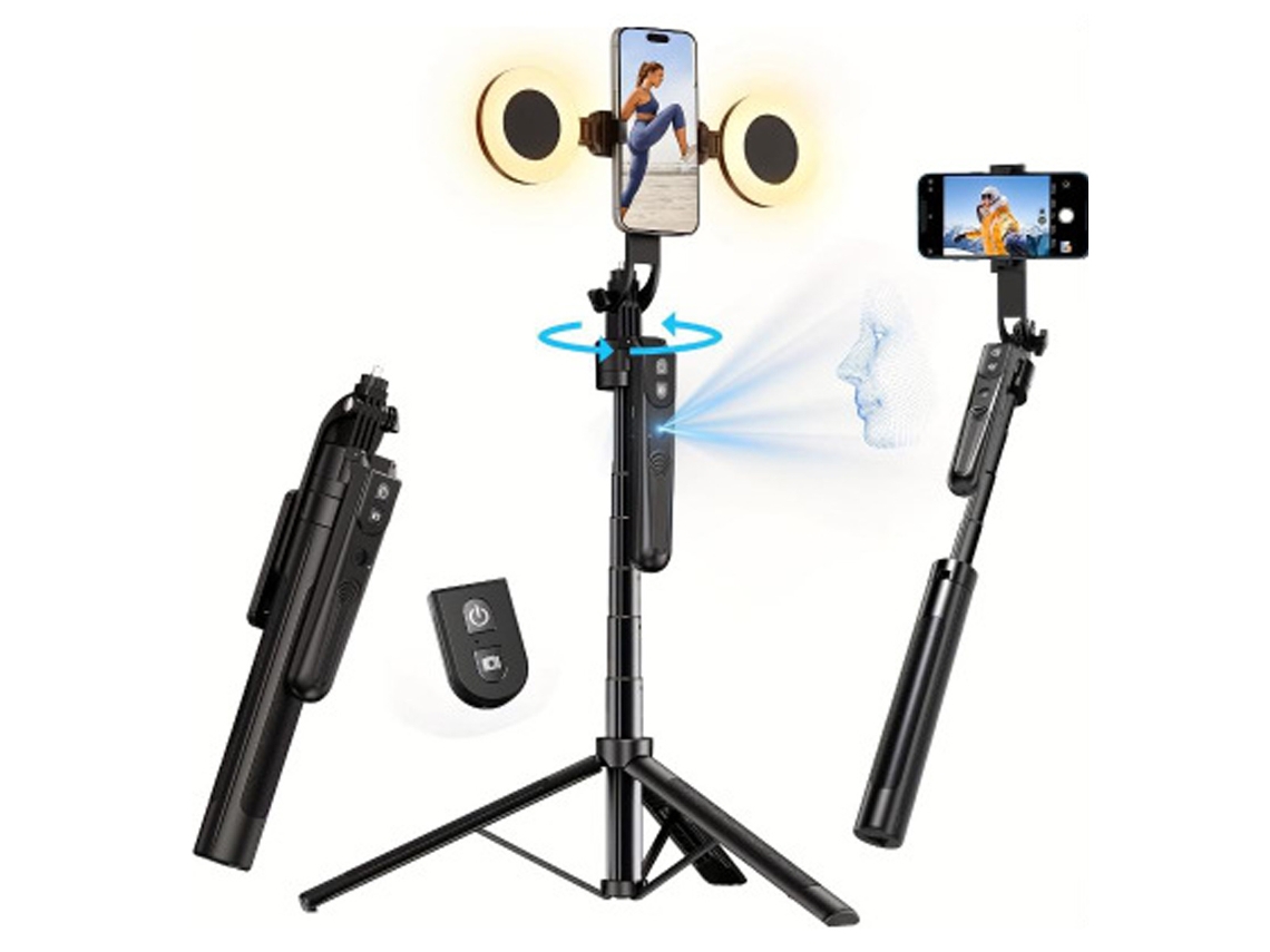 Tripé extensível com rastreamento facial automático, rotação de 360° com luz, sem aplicativo, 70,9 polegadas, suporte para celular com sensor de movimento e controle remoto