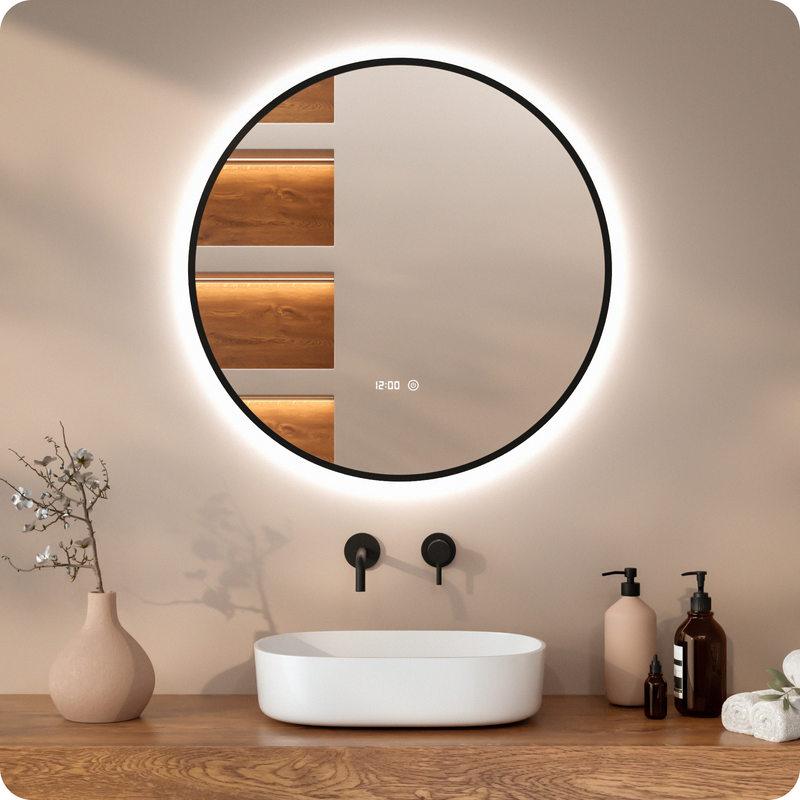 Espelho De Banheiro 80 Cm Moldura Preta Antiembaçante Com Luz Led Iluminada Mirlux