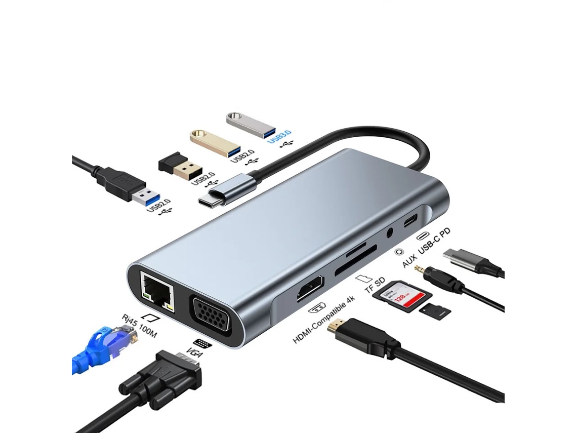 Hub Usb-c 11 Em 1 Com Ethernet 100mbps, Multifuncional Com Hdmi 4k, Vga, Usb E Leitores De Cartão