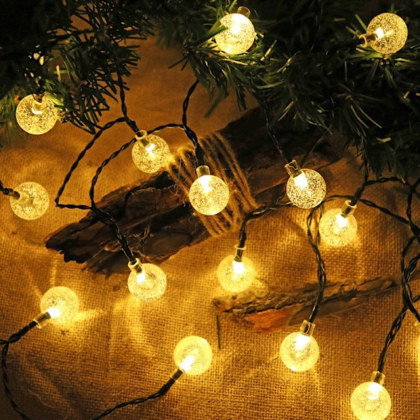 Cordão de Luzes Solares AQUAFORGE, 11m, 60 bolas de cristal, 8 modos, branco quente