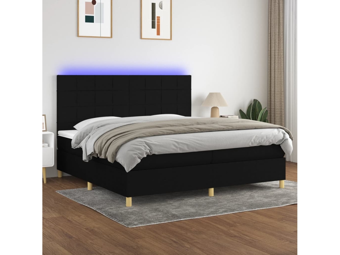 Vidaxl Cama Box Spring C/ Colchão E Led 200x200 Cm Tecido Preto