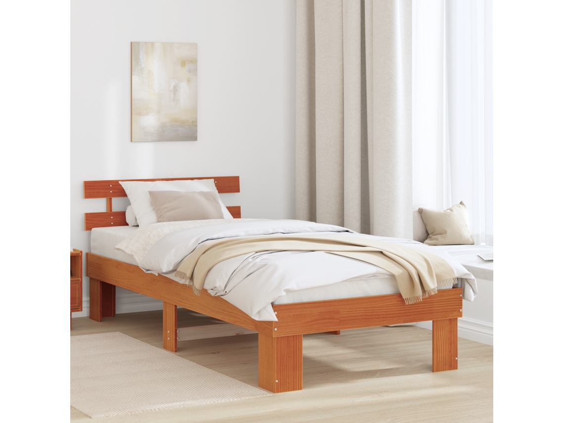 Estrado De Cama Com Cabeceira Castanho Encerado 75x190 Cm Madeira Maciça De Pinho