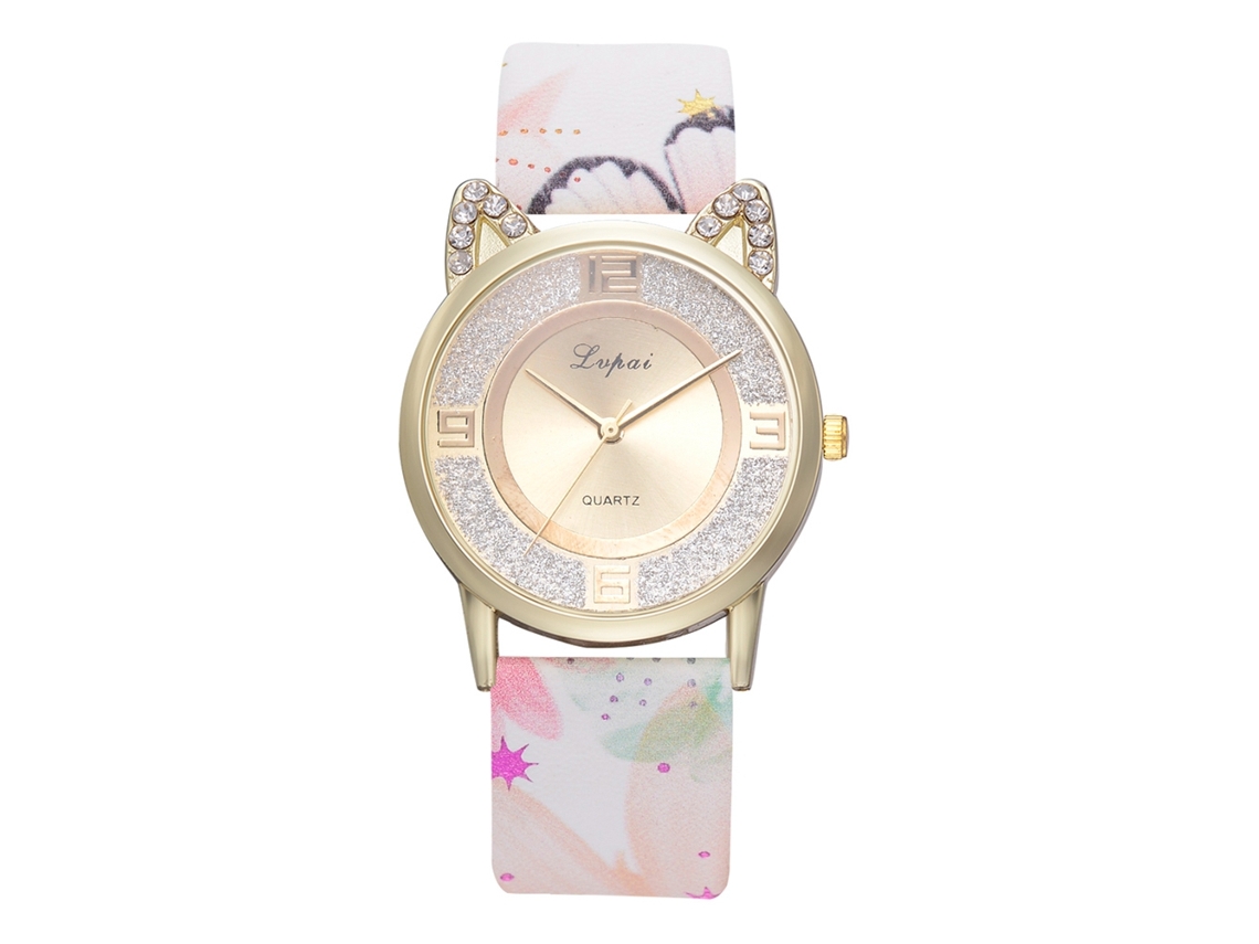 Relógio de Quartzo Feminino com Pulseira de Couro Pu e Mostrador de Gatinho Adorable com Strass