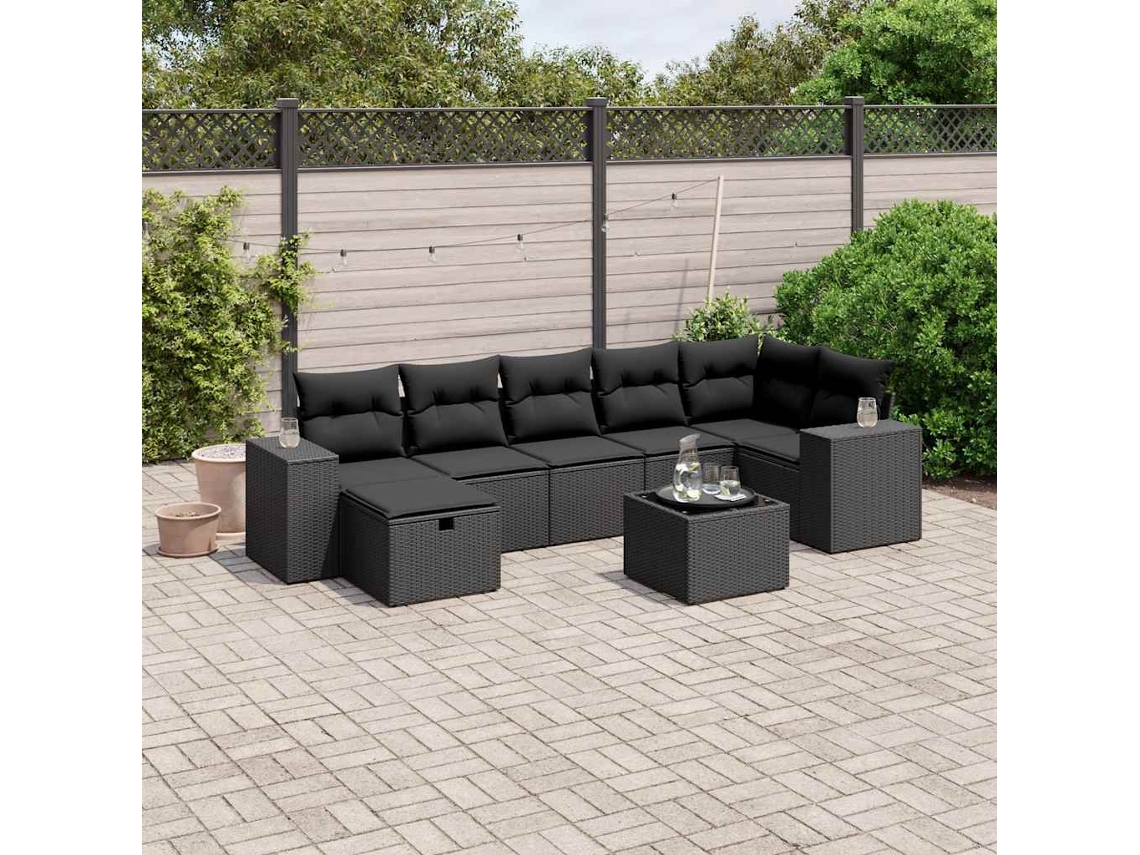 Vidaxl 8 Pcs Conjunto Sofás De Jardim Com Almofadões Vime Pe Preto