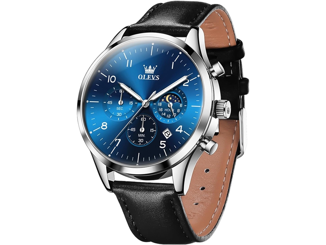 Lurelia Relógio Cronógrafo Masculino, Movimento De Quartzo, Luminoso, Couro, Preto E Azul