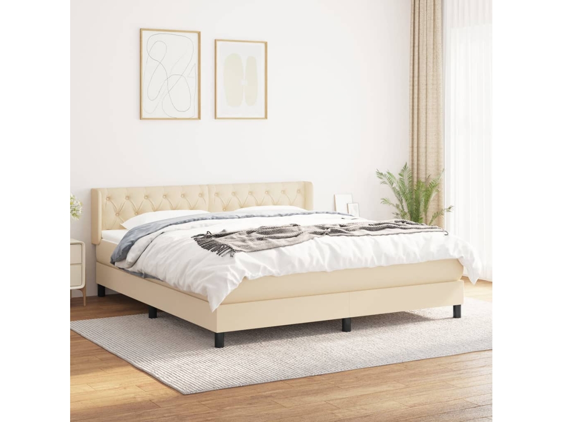 Cama Com Molas/colchão 160x200 Cm Tecido Cor Creme