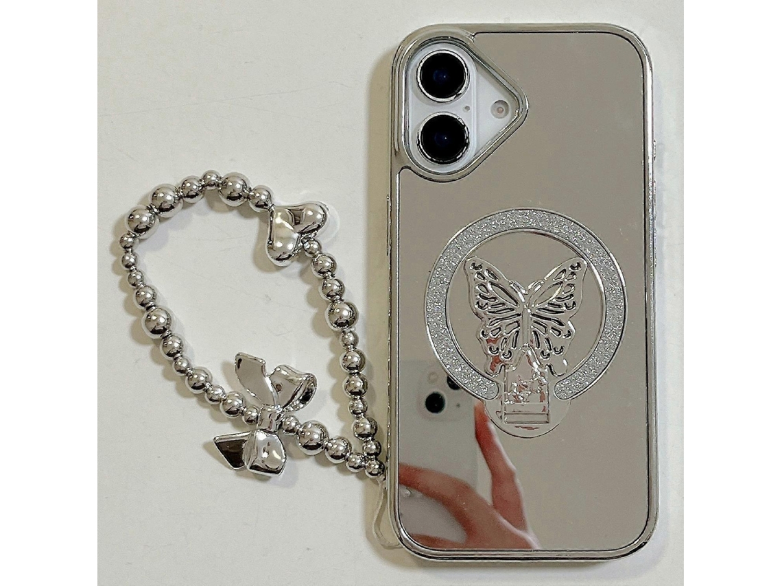 Capa Traseira Com Suporte Espelhado E Glitter Borboleta Para Iphone 16 Com Alça