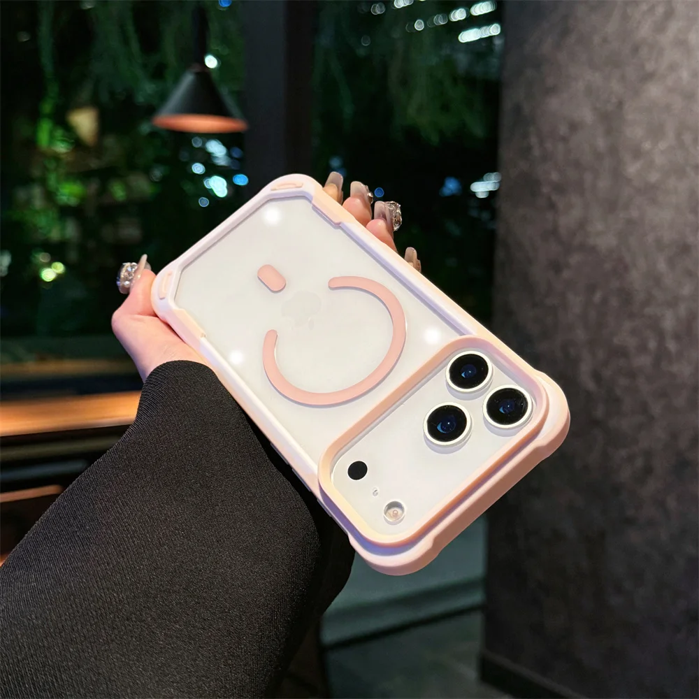 Capa Protetora Transparente À Prova De Choque (para Iphone 15 Pro Rosa), Com Encaixe Magnético.