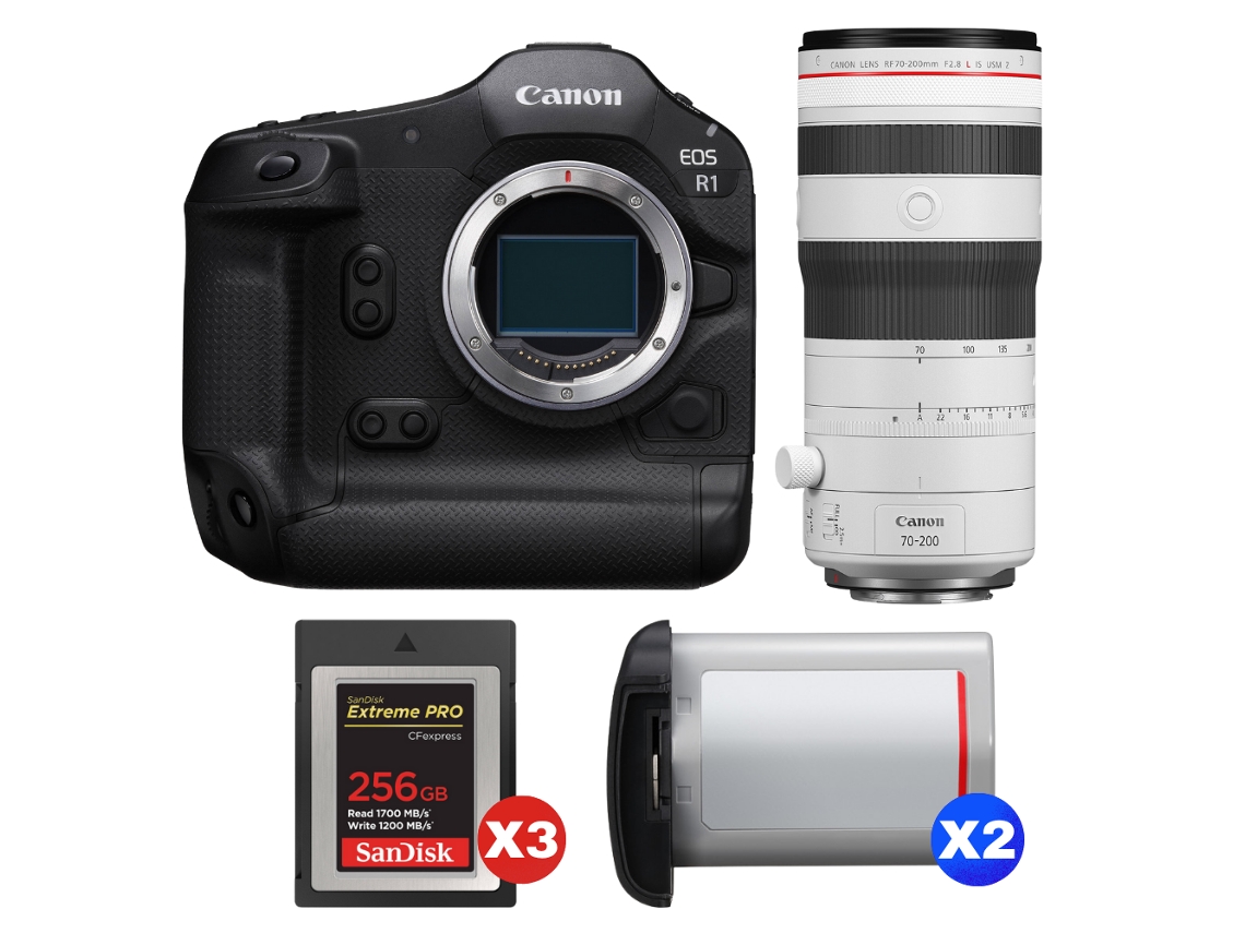 Eos R1 + Rf 70 200mm F/2.8 L Is Usm Z Branco + 3 Sandisk 256gb Extreme Pro Cfexpress Type B + 2 Canon Lp e19 + Ebook Pricedirect CANON