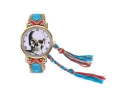 Relógio de Quartzo com Pulseira de Linho Tecido Trançado Padrão de Crânio Azul Claro