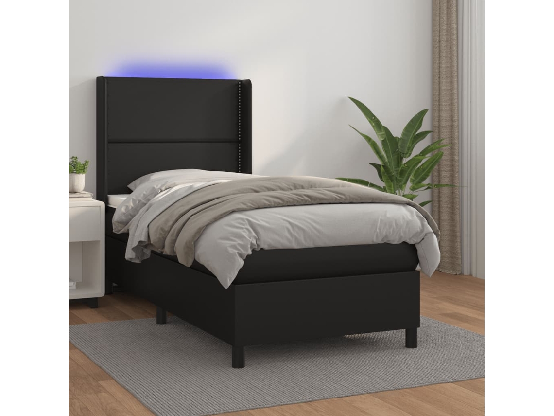 Vidaxl Cama Box Spring C/ Colchão/led 90x200 Cm Couro Artificial Preto