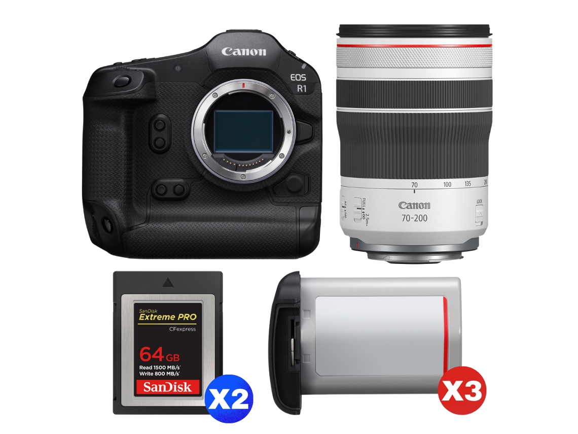 Eos R1 + Rf 70 200mm F/4 L Is Usm + 2 Sandisk 64gb Extreme Pro Cfexpress Type B + 3 Canon Lp e19 + Ebook “20 Dicas para Fotos Que Impressionam” CANON