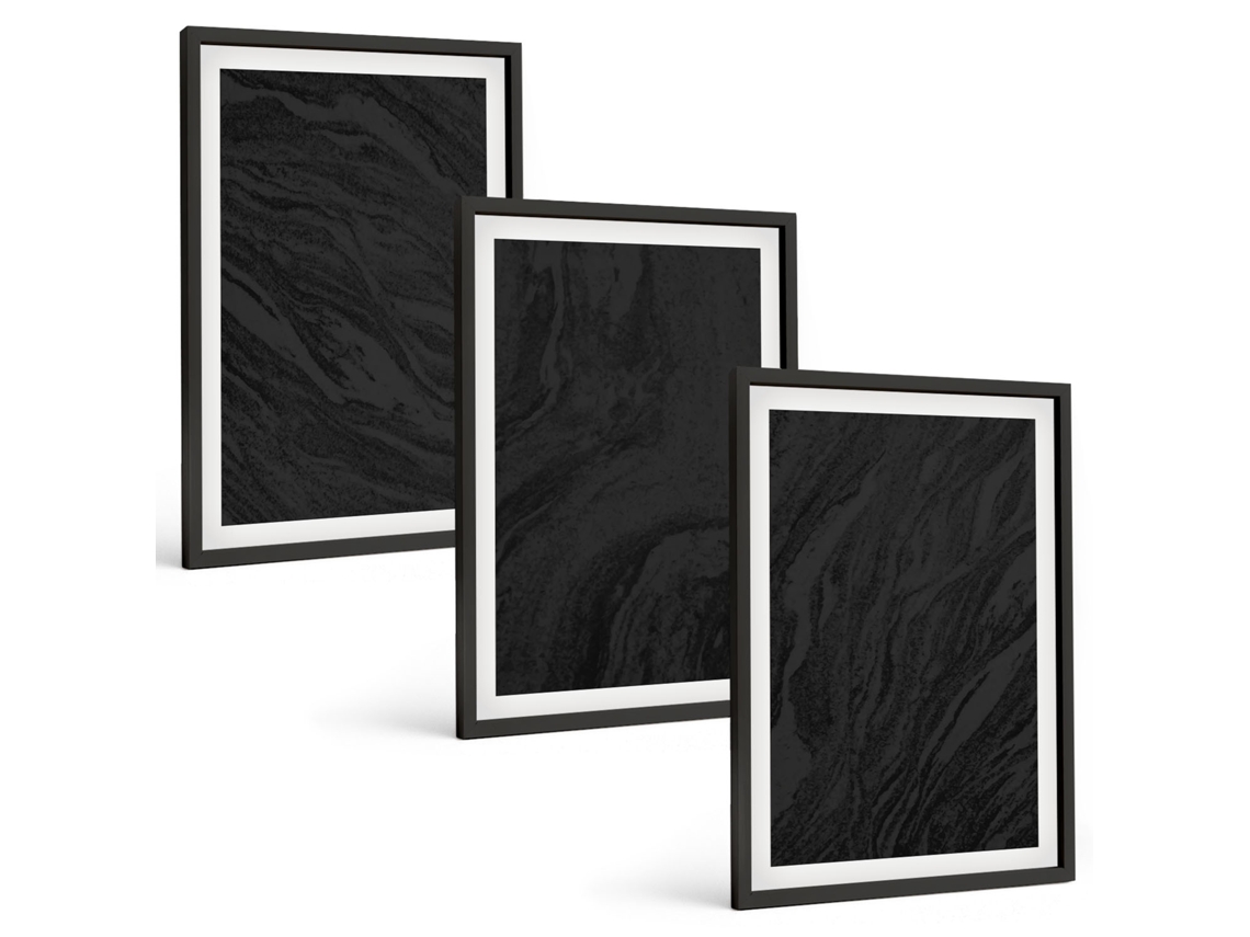 Composição De Quadros Mármore Escuro, Texturas Elegantes Moldura Preta Pinturas De Quarto Espelharte (3 Piezas De 40x60 Cm)
