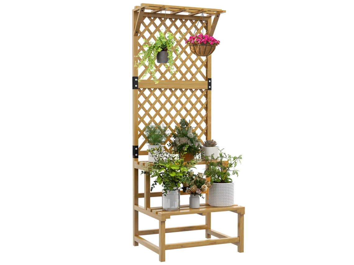 Suporte para Plantas de Madeira com Treliça Suporte para Vasos de 2 Níveis para Jardim Pátio 60x50x166cm Madeira