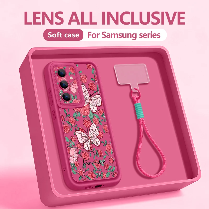 Capa Para Celular Galaxy S22 5g Com Estampa Retrô De Borboleta E Cordão (rosa Claro), Em Tpu Macio.
