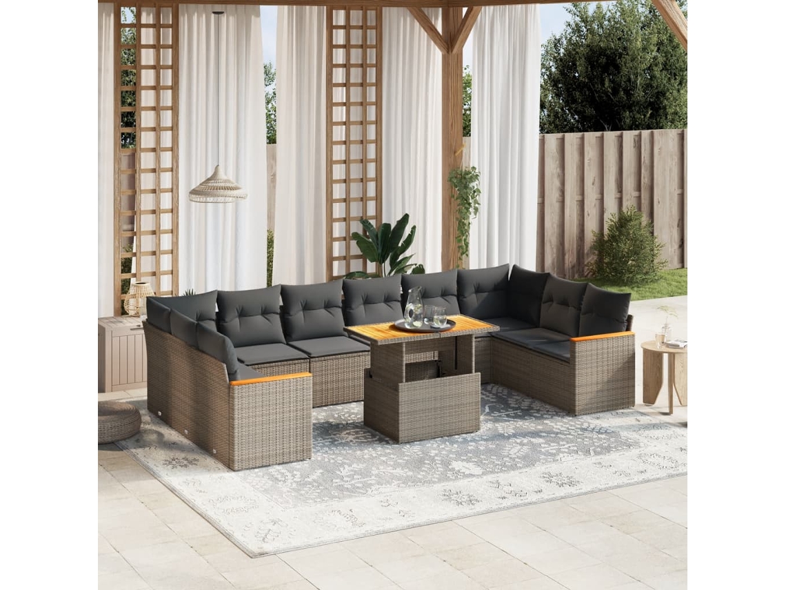Vidaxl 11 Pcs Conjunto Sofás De Jardim C/ Almofadões Vime Pe Cinzento