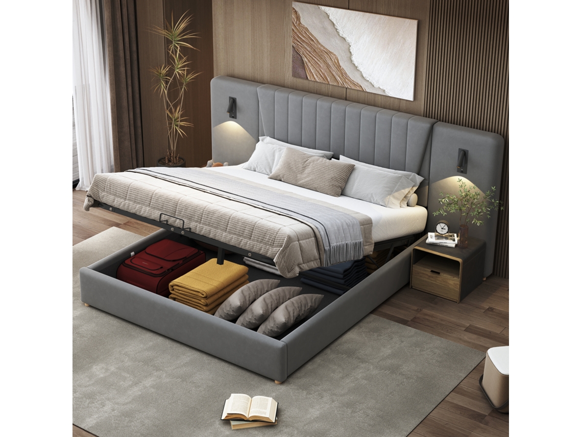 Cama Casal 180x200cm Veludo Cinza Respaldo Longo Lâmpada Usb Armário Hidráulico