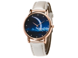 Relógio de pulso com mostrador de cristal com padrão de lua noturna cravejado de strass e pulseira de couro PU branca.