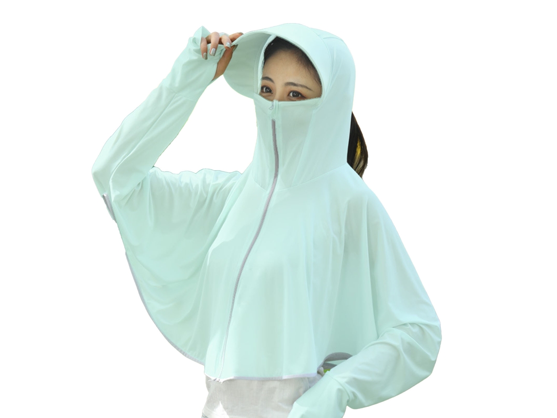 Roupa De Proteção Solar Feminina Jaqueta Com Capuz Manga Longa Tecido Seda De Gelo Tamanho L 40-70kg Verde Claro