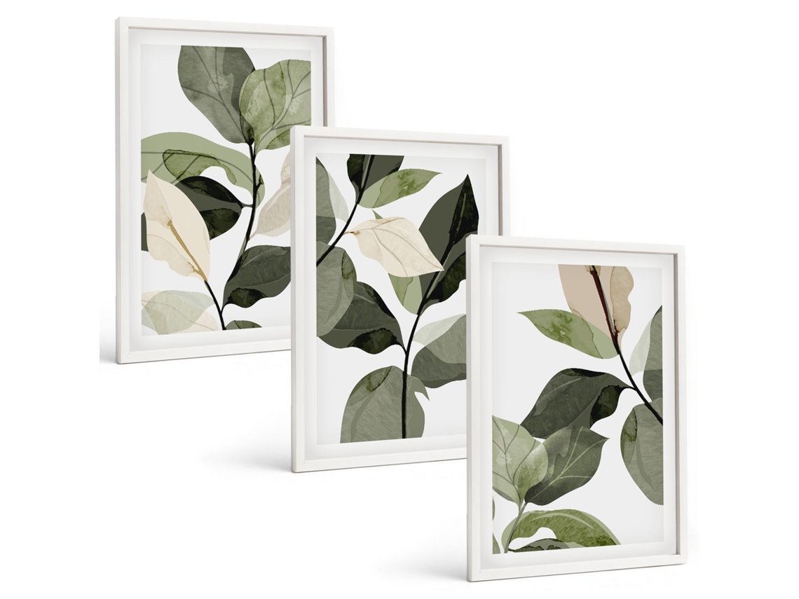 Conjunto De Pinturas Planta Boho Pintada Folhas Moldura Branca Quadros Para O Escritório Espelharte (3 Piezas De 40x60 Cm)