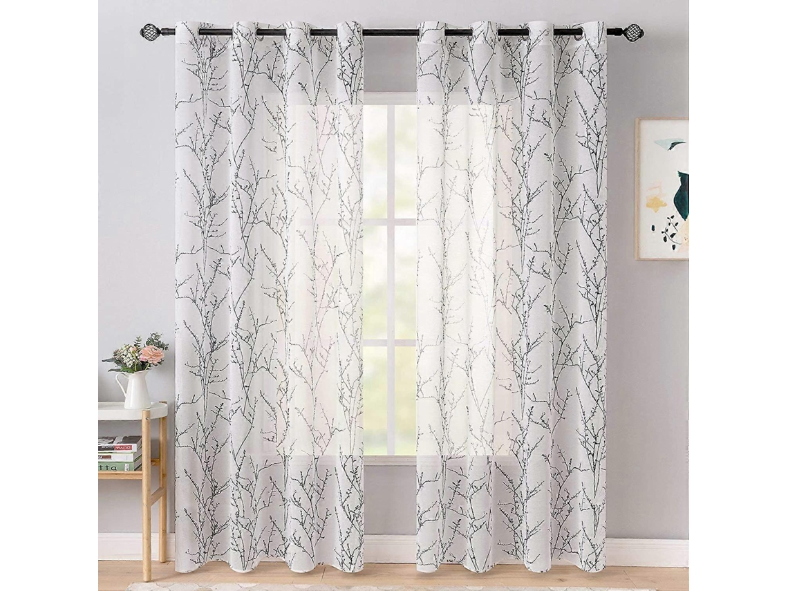 Rebe cortina Translúcida de 2 Paneles com Padrão de Rama Impresso Suave Elegante Duradera Decorativa 140x160cm Preto