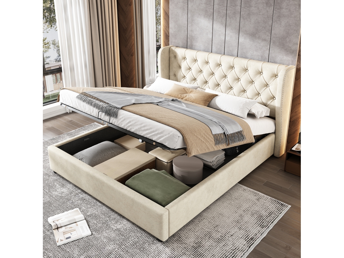 Cama De Casal 140x200 Veludo Bege Com Armário Hidráulica Anti-manchas