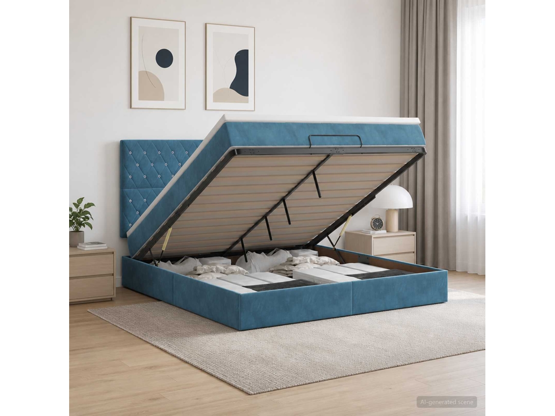 Vidaxl Cama Ottoman Com Colchão Azul Escuro 140 X 190 Cm Veludo