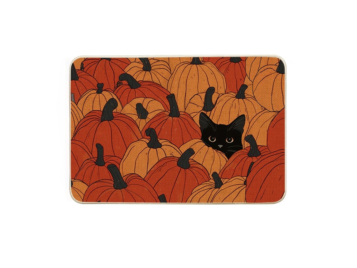 Tapete De Entrada Retangular 40 X 60 Cm Gato Preto E Abóboras