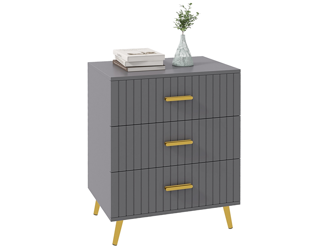 Cômoda Moderna 3 Gavetas Anti tombamento Madeira Alumínio Dourada Escura 60x40x71,5cm Cinza S/MARCA