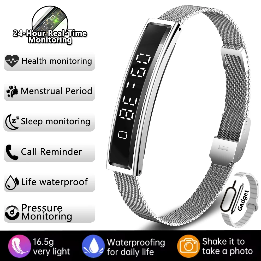 Pulseira de Malha Prateada para Smartwatch, Esportiva, Fitness, À Prova D'água e com Monitoramento de Frequência Cardíaca e Sono. MDUG