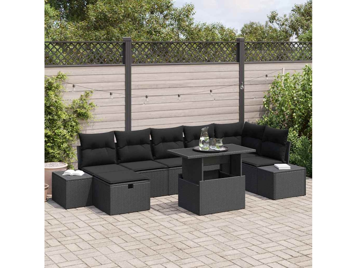 Vidaxl Conjunto De Sofá De Jardim 8 Pcs Preto Rattan Sintético