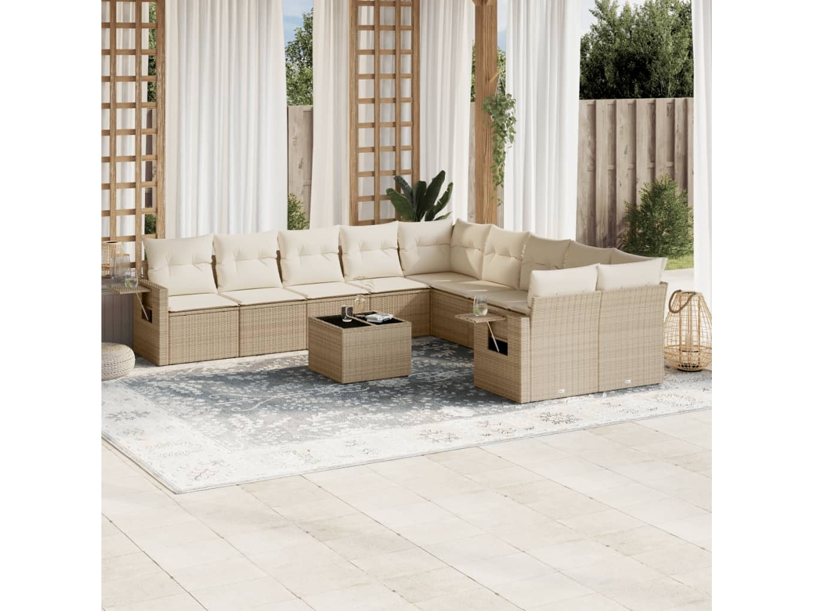 Vidaxl 11 Pcs Conjunto Sofás De Jardim C/ Almofadões Vime Pe Bege