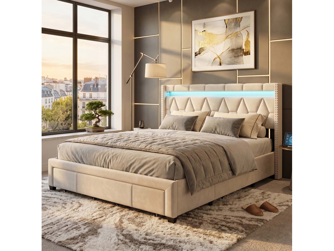 Cama de Casal em Linho com Led Rgb, Usb e 4 Gavetas, Bege, 160x200 Cm LAZYSPACE