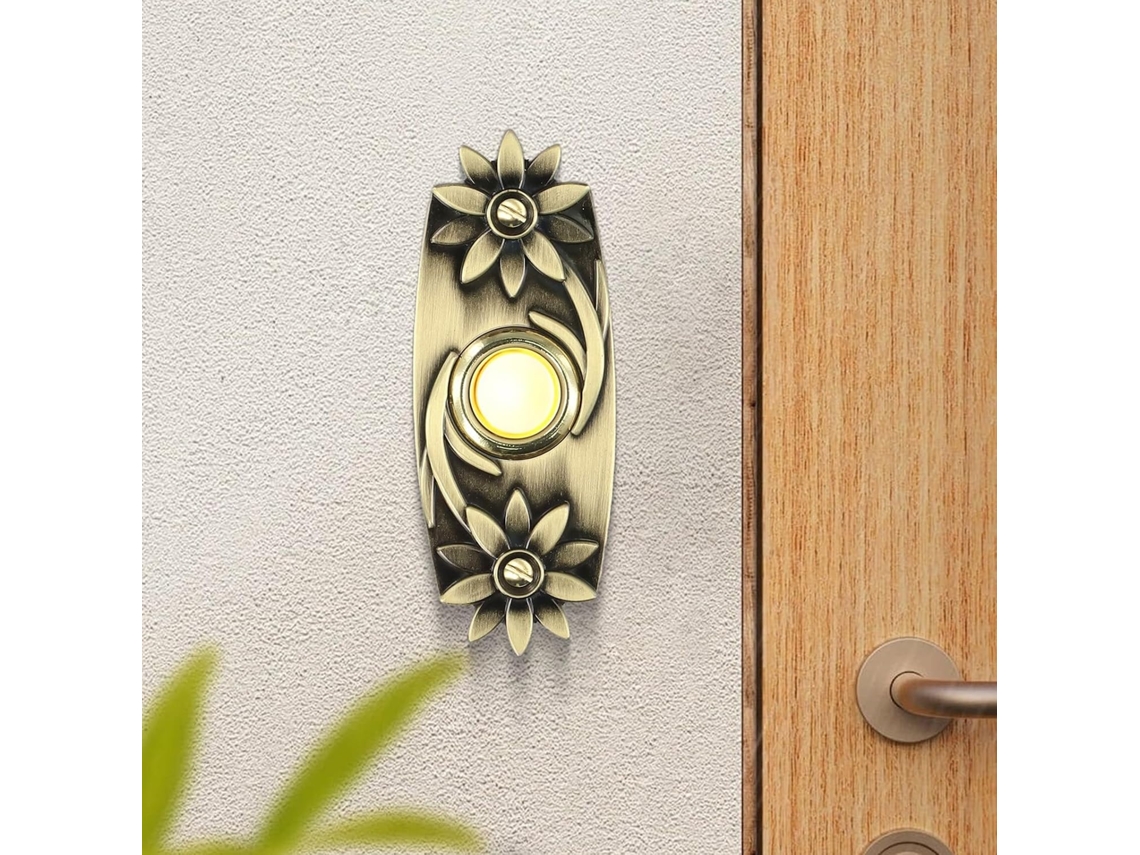 Porta externa Campainha com Fio, acabamento em bronze antigo resistente, com luz noturna integrada, para uso externo.