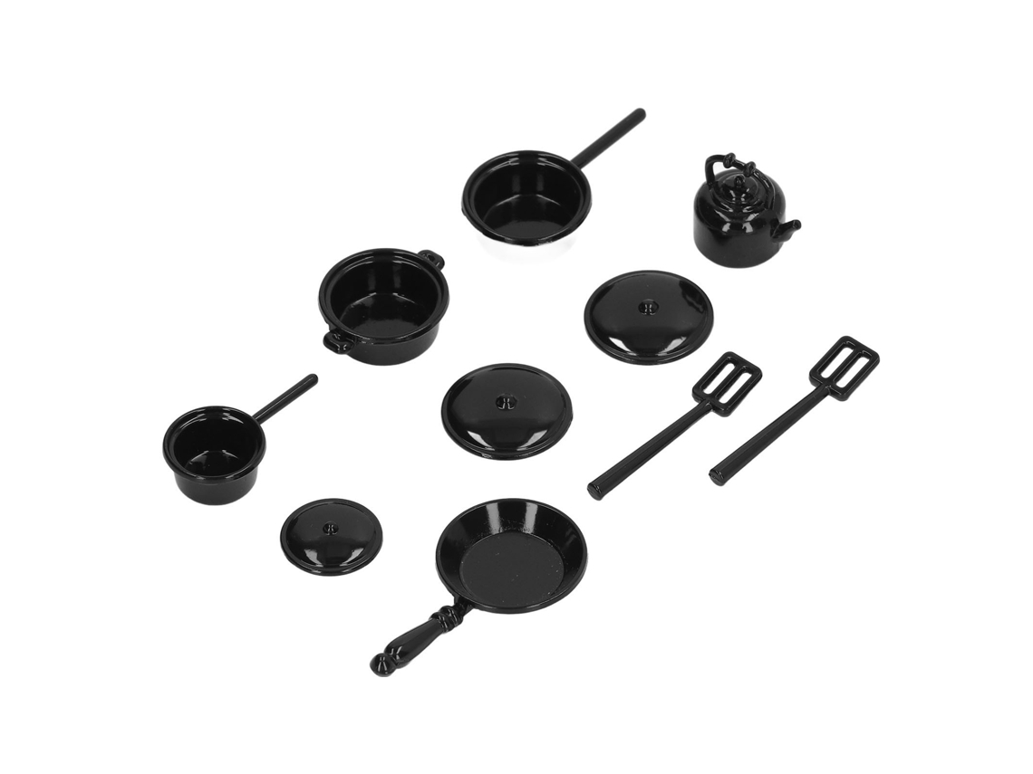Panelas E Frigideiras Em Miniatura 1/12 Para Casinha De Bonecas Com Tampas Garfos E Garrafa De Água