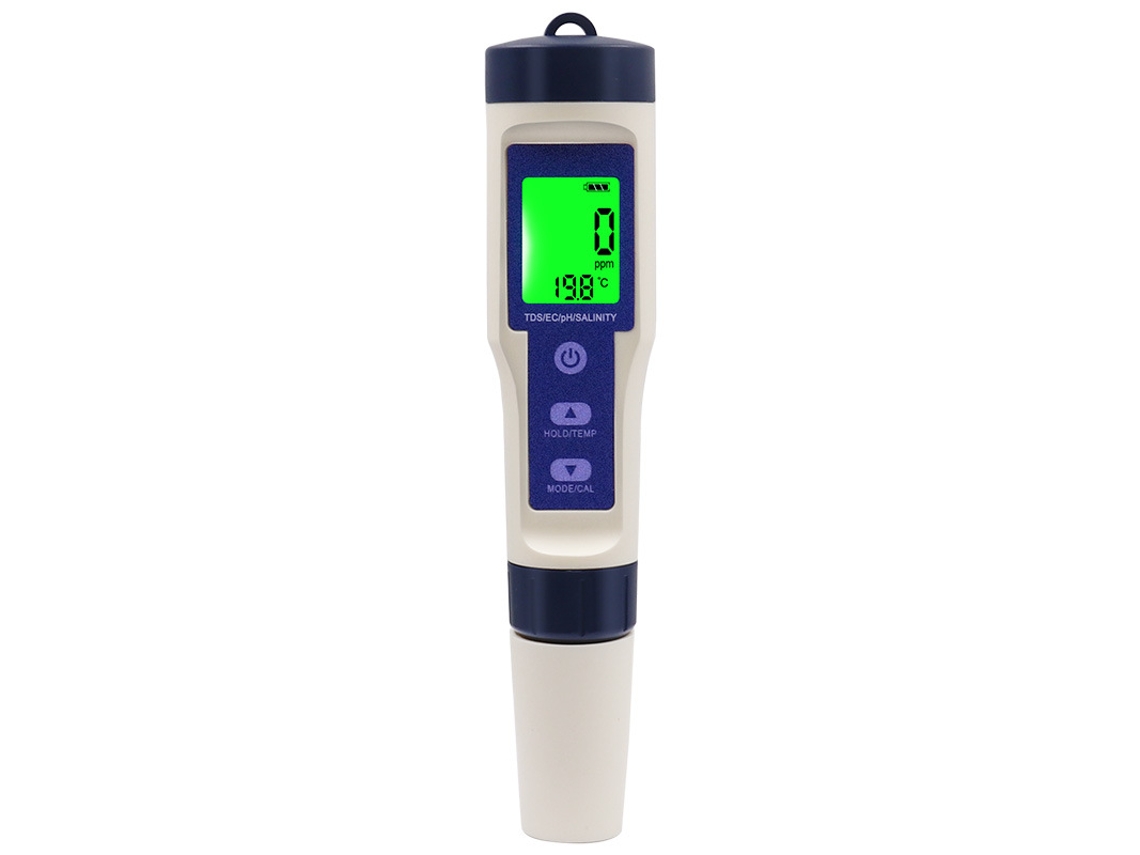 Medidor De Ph 5 Em 1 (ph/tds/ec/salinidade/termômetro), Com Display Lcd E Compensação Eletrônica Automática De Temperatura.