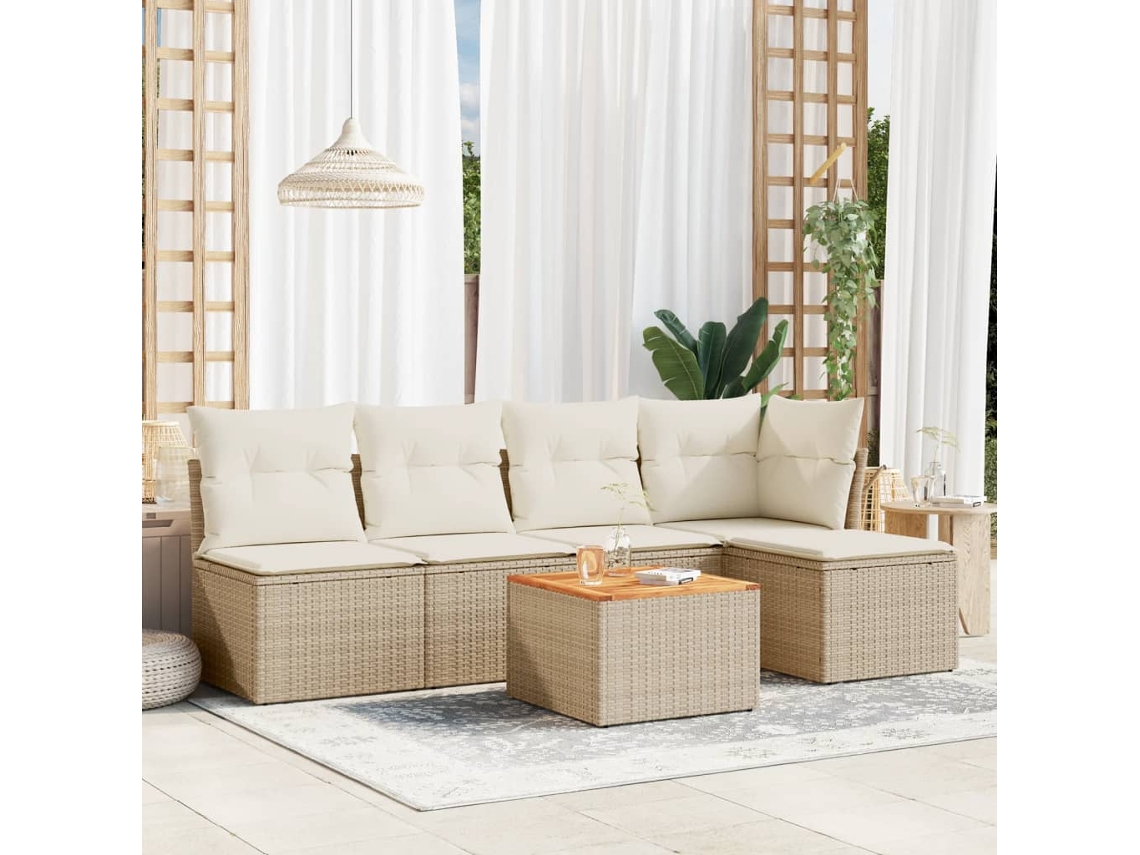 6 Pcs Conjunto De Sofás P/ Jardim Com Almofadões Vime Pe Bege Dkd Home Decor