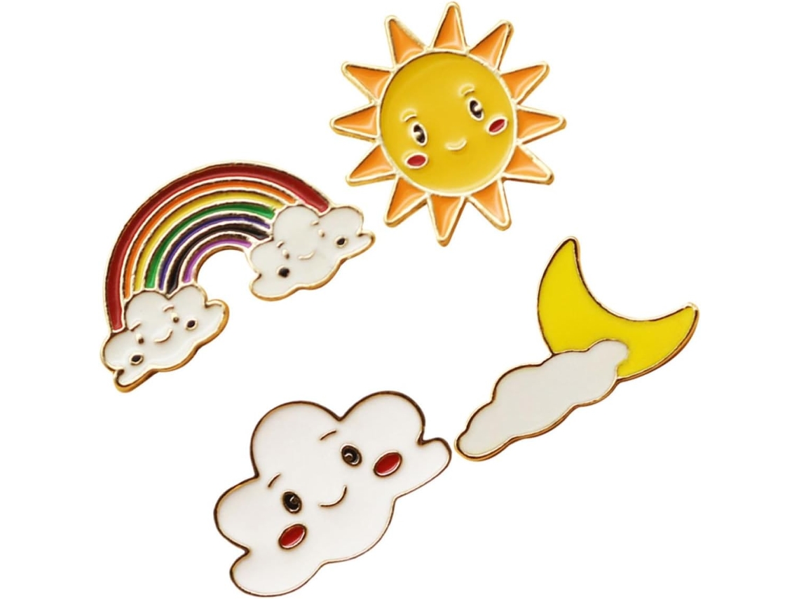 Conjunto De 4 Broches Com Desenho De Mulher, Sol, Nuvem E Arco-íris.