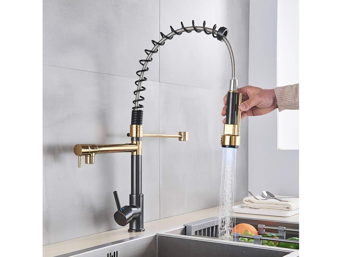 Torneira De Cozinha Com Luz Led, Preta E Bronze, Misturador De Mola Dupla