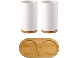 Set De Acessórios De Banho Cerâmica E Bambu: Porta-cepillos, Copo E Dispenser De Sabonete 350ml
