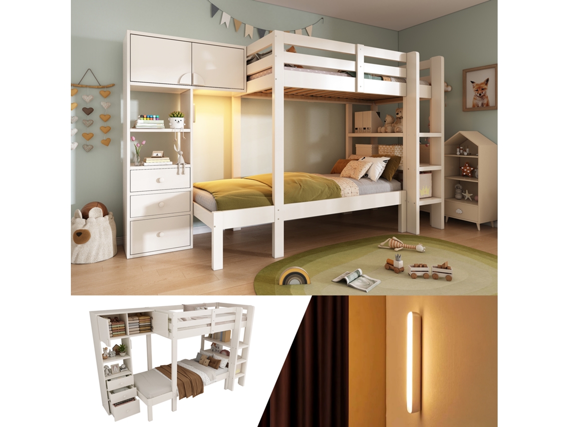 Cama Beliche 90x200 Cm Com Iluminação Noturna Inteligente, Armário Integrado E Grande Espaço De Arrumação, Branca Bga Store