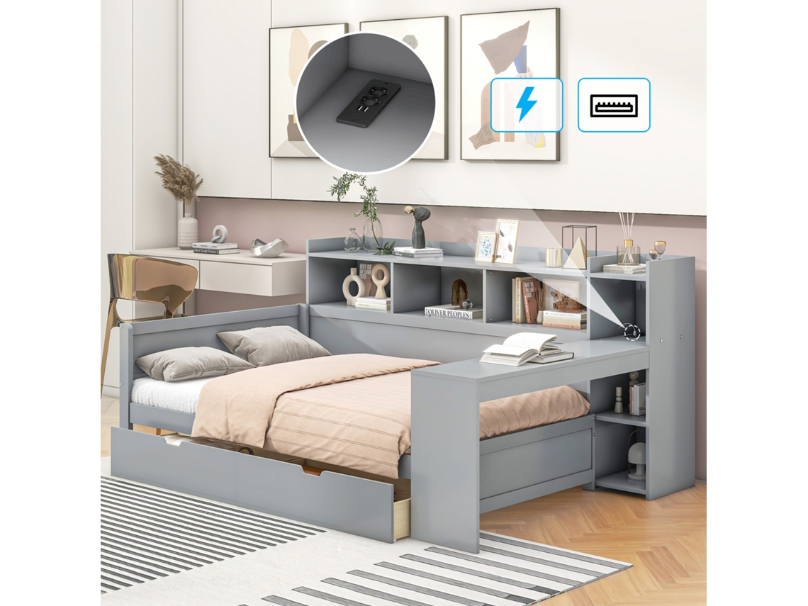 Sofá cama Dia Cinza 90x200cm com Prateleira, Escrivaninha, Tomada, 2 Gavetas, Usb GE